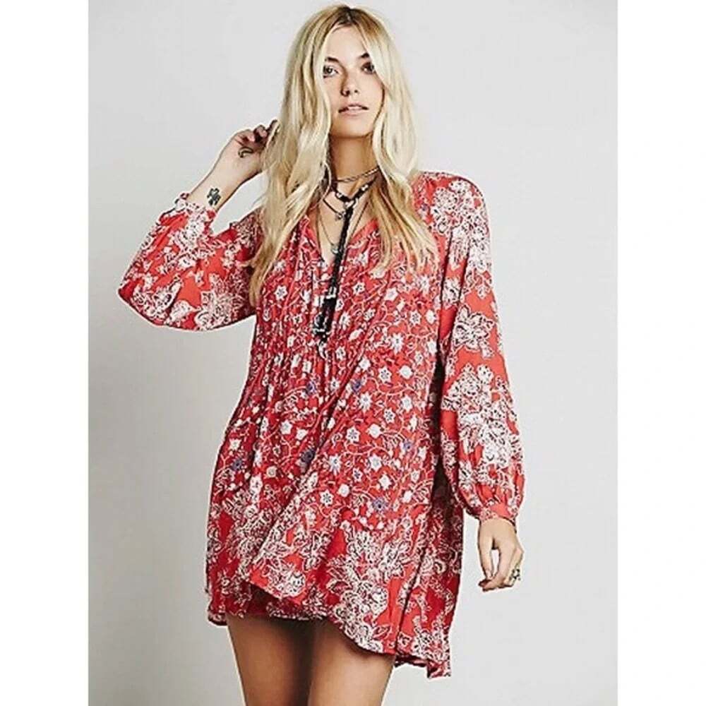Free People Lucky Loosey Mini Dress Size Small Red Boho Hippie Peasant Indie